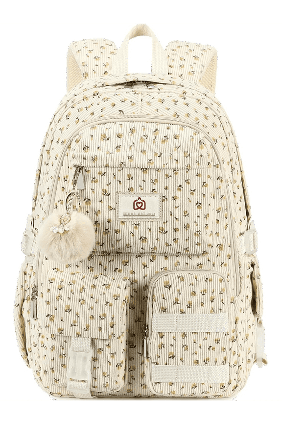 Women's 15.6 inch Laptop College Backpack Corduroy Work Bag Campus Bookbag Travel Backpack Women's（Beige Floral）