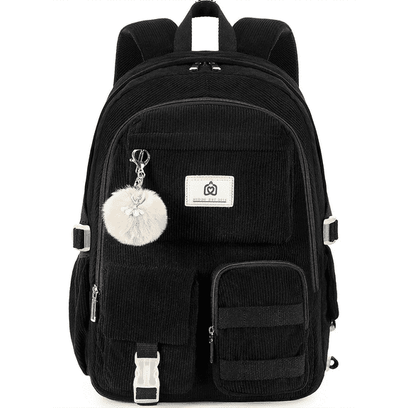 AO ALI VICTORY Women's 15.6 inch Laptop College Backpack Corduroy Work Bag Campus Bookbag Travel Backpack Women's（Black）