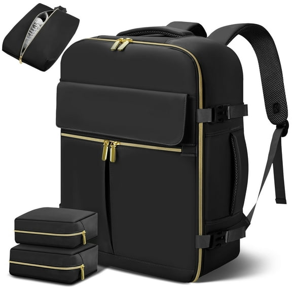 18.9" Large Travel Backpack for Women Men as Personal Item Flight Approved, 40L Luggage Carry On Backpack, Daypack Business Laptop Backpack Waterproof Outdoor Sports with 3 Packing Cubes, Black