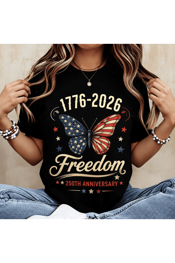 Women's 1776-2026 Freedom Graphic T-Shirt, America 250th Anniversary Patriotic Butterfly Short Sleeve Tee