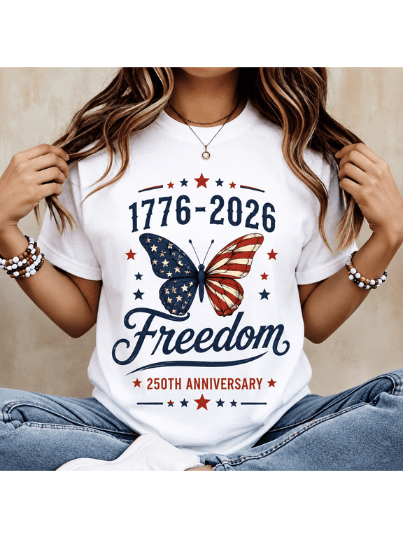 Women's 1776-2026 Freedom Graphic T-Shirt, America 250th Anniversary Patriotic Butterfly Short Sleeve Tee