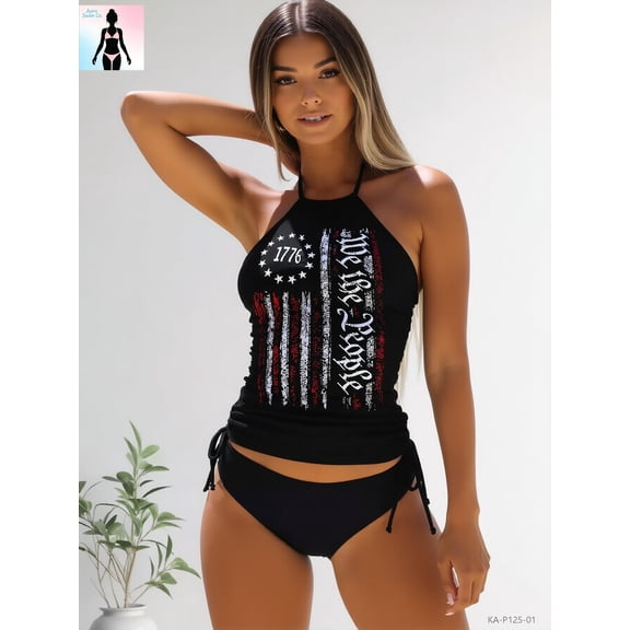 Women's 1776 We The People American Flag Halter Tankini 2-Piece Swimsuit Set Black