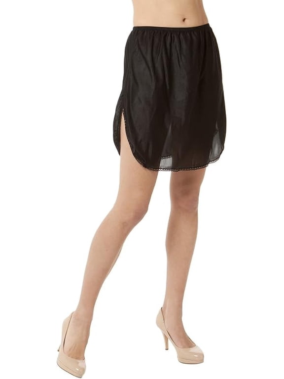 Womens 18-Inch Double-Slit Lace Half Slip, Black Nylon Underskirt, Medium