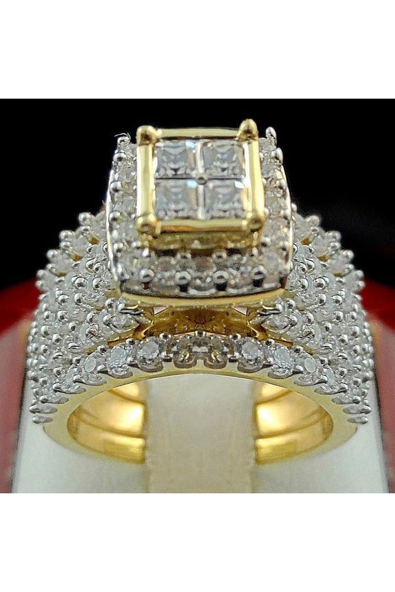 Women's 18 K Gold Plated Full Diamond Princess Square Diamond Ring