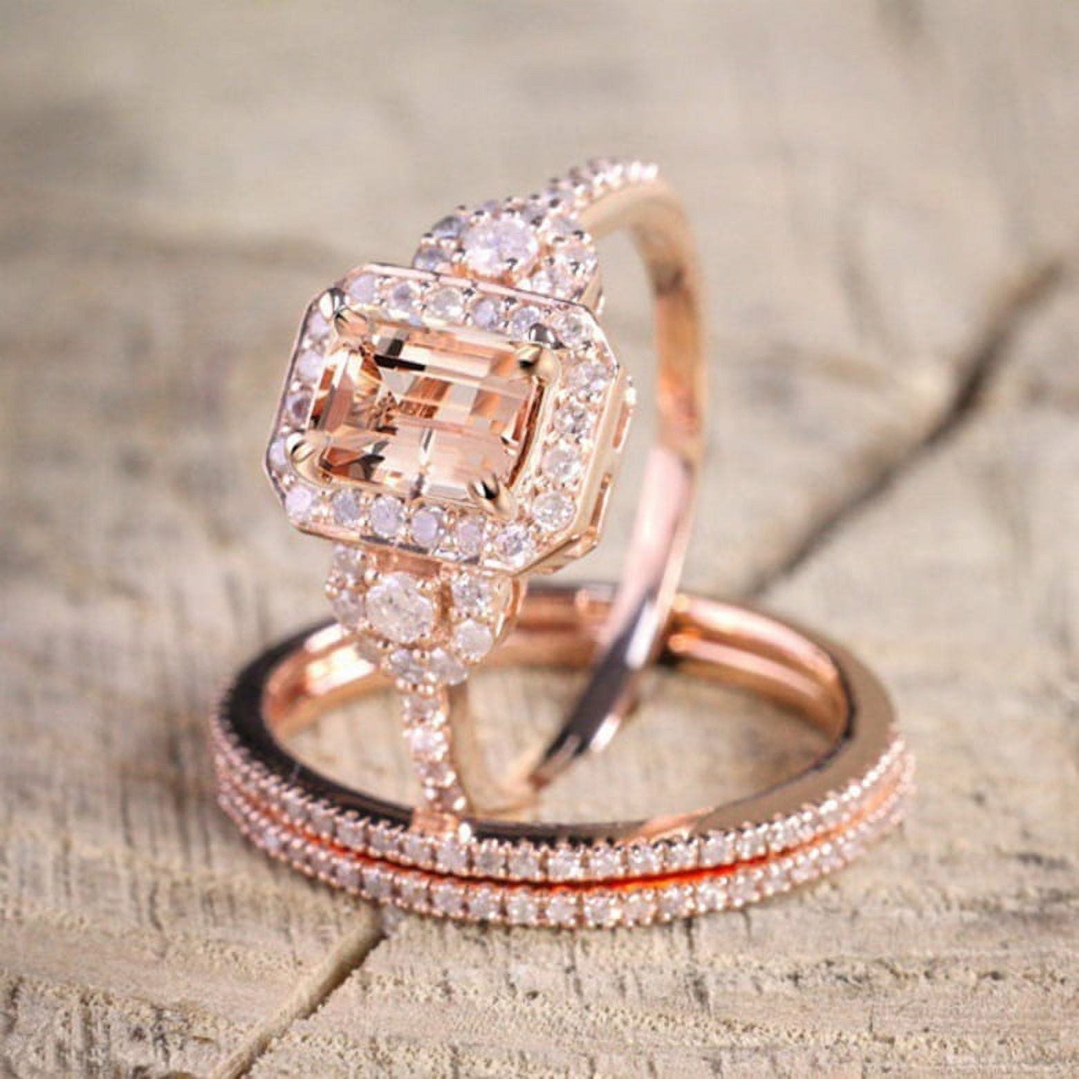 Women\'s 18 K Rose Gold Micro-Inlaid Square Diamond Ring Set