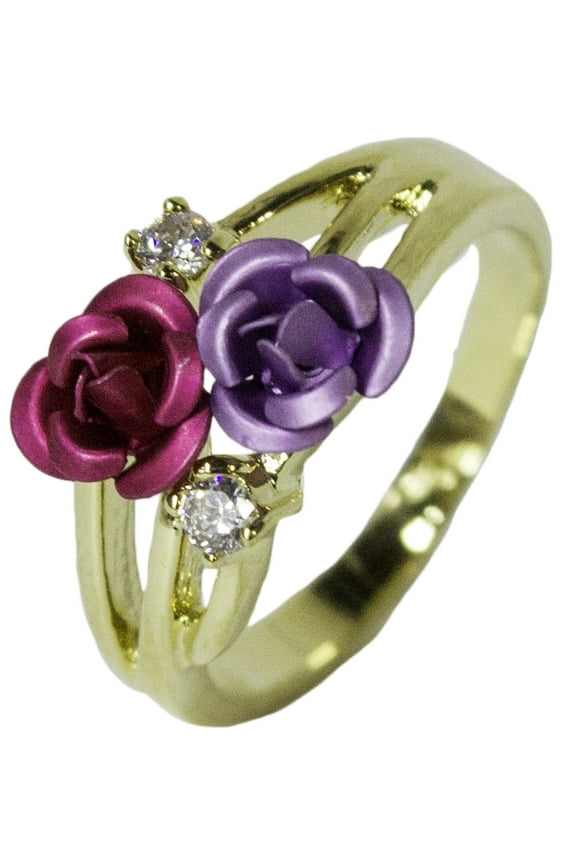 Women's 18 Kt Gold Plated Dress Ring Enamel Rose and CZ 044 (7)