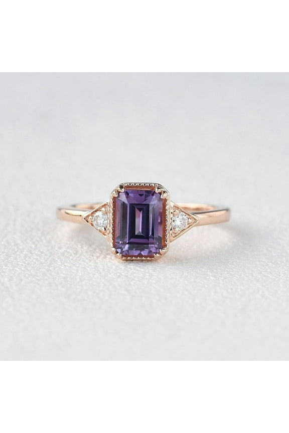 Women's 18K Emerald Cut Amethyst Stone Ring Rose Gold Plated Minimalist Style Ring For Engagement Anniversary & Wedding Best Gift Item For Her