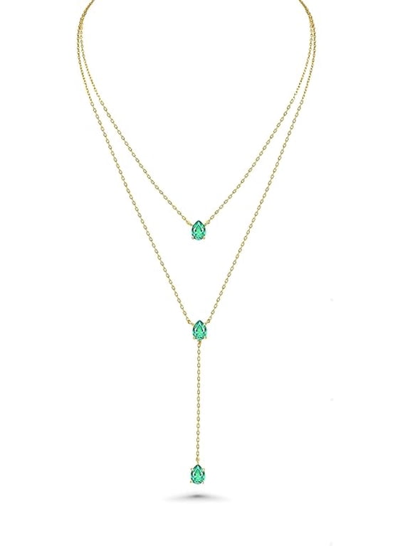 Women's 18K Gold Plated Layered Y Necklace with Sea Foam Teardrop Pendant