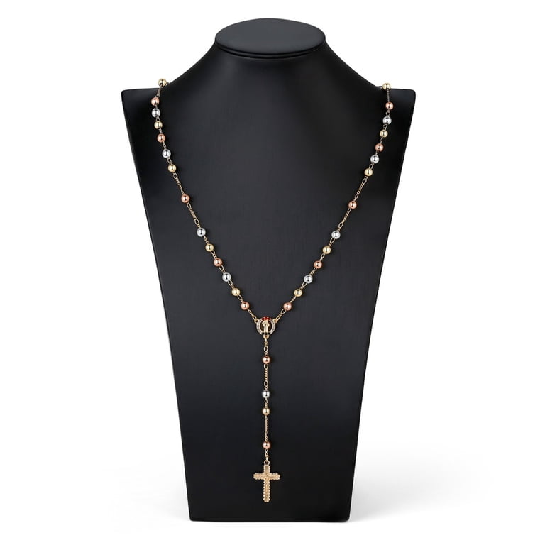 S&M Jewelry 18k Gold Plated Rosary Necklace, Virgin Mary Cross, 24