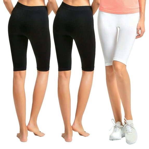 Women's 19" Seamless One Size Nylon Spandex Knee Length Slim Tight Cropped Leggings (Black/Black/White)