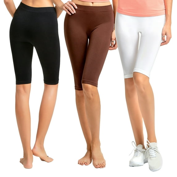 Women's 19" Seamless One Size Nylon Spandex Knee Length Slim Tight Cropped Leggings (Black/Brown/White)