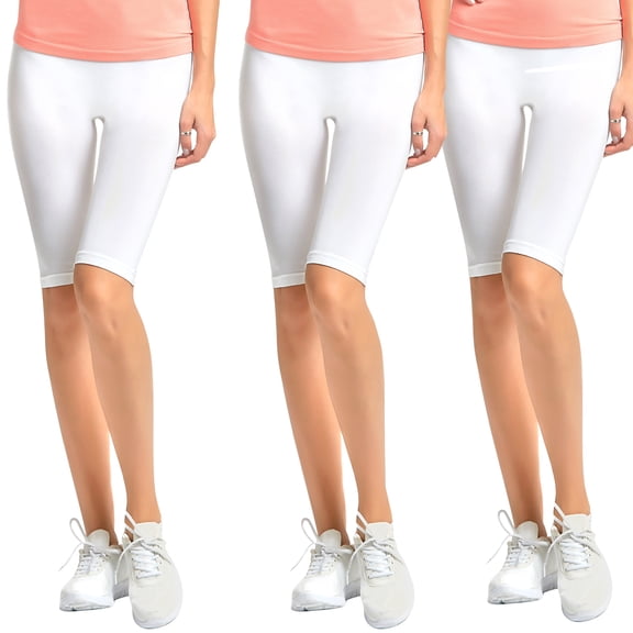 Women's 19" Seamless One Size Nylon Spandex Knee Length Slim Tight Cropped Leggings (White/White/White)