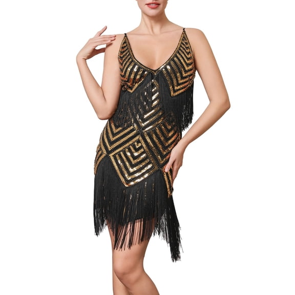 Women's 1920S Gatsby Dress V Neck Sequin Bead Fringed Hem Flapper Dress Gold S