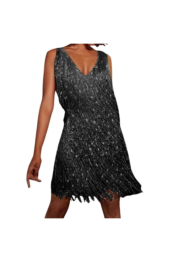 Women's 1920s Flapper Fringe Dress, Sequin V-Neck Sleeveless Mini Dress, 70s Disco Party Charleston , 8 Colors, Sizes S-XXL