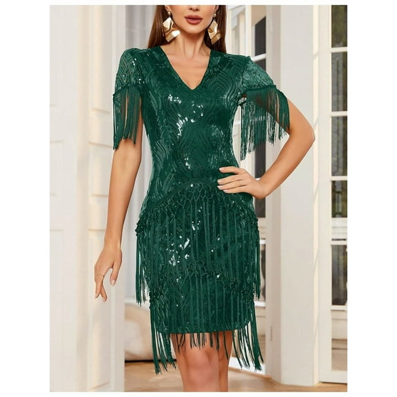 Women's 1920s Sequin Flapper Dress Short Sleeve V Neck Roaring 20s Dress Great Gatsby Party Dance Dresses