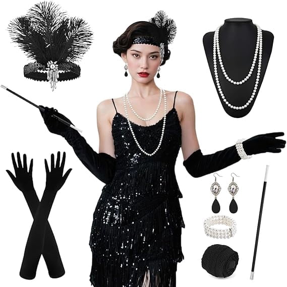 Women's 1920s Sequin Fringe Dress for Great Gatsby Theme Party Dress With Roaring 20s Accessories Set for Party, L