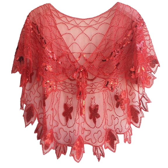 Women's 1920s Sequin Shawl with Drawstring – Vintage Hi-Lo Mesh Cape Wrap for Evening Dress, Gatsby Party, Wedding, Prom