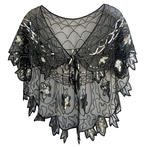 Women's 1920s Sequin Shawl with Drawstring – Vintage Hi-Lo Mesh Cape Wrap for Evening Dress, Gatsby Party, Wedding, Prom