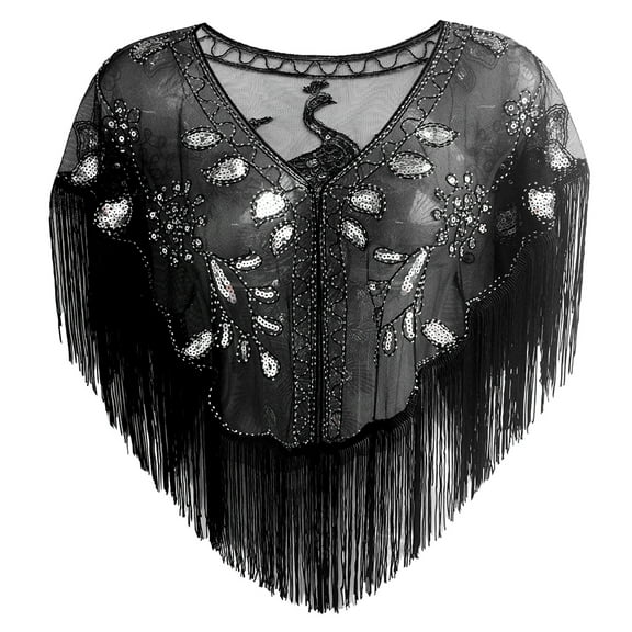 Women's 1920s Sequin Shawl with Peacock Pattern – Retro Mesh Evening Wrap Cape for Gatsby Party, Wedding, Prom, Cocktail Dress