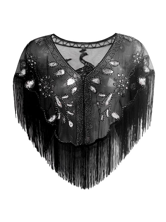 Women's 1920s Sequin Shawl with Peacock Pattern – Retro Mesh Evening Wrap Cape for Gatsby Party, Wedding, Prom, Cocktail Dress
