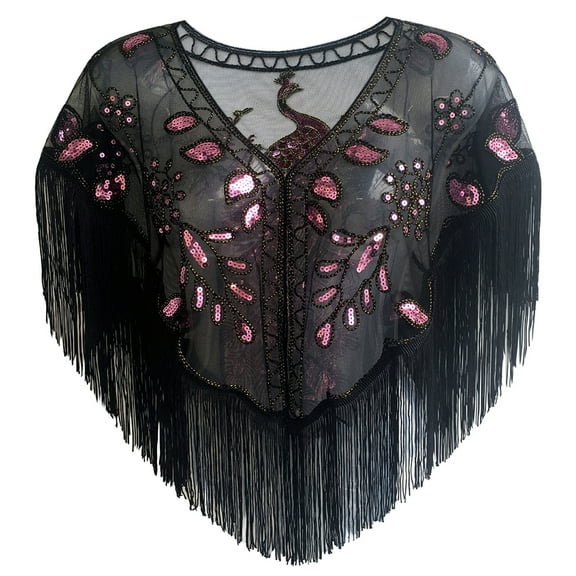 Women's 1920s Sequin Shawl with Peacock Pattern – Retro Mesh Evening Wrap Cape for Gatsby Party, Wedding, Prom, Cocktail Dress