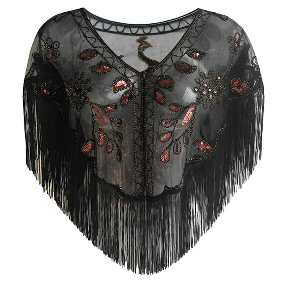 Women's 1920s Sequin Shawl with Peacock Pattern – Retro Mesh Evening Wrap Cape for Gatsby Party, Wedding, Prom, Cocktail Dress