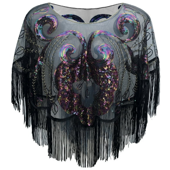 Women's 1920s Sequin Shawl with Tassels – Retro Mesh Evening Cape Wrap for Flapper Dress, Gatsby Party, Wedding, Prom