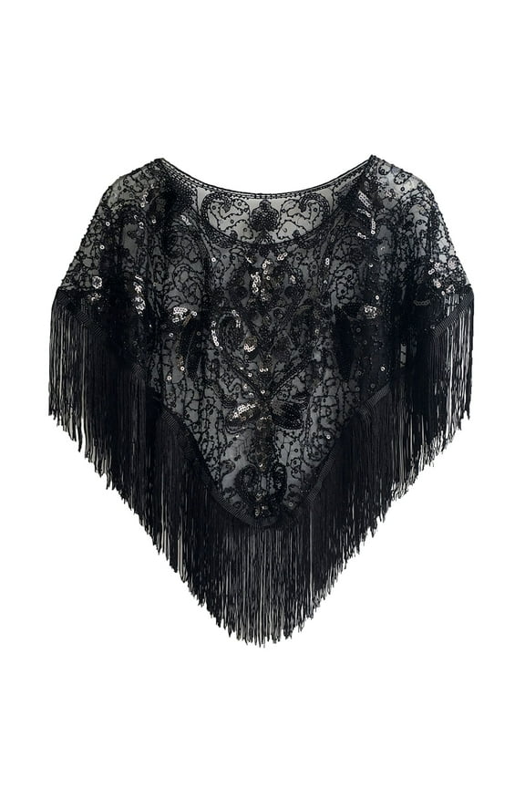 Women's 1920s Sequin Shawl with Tassels – Vintage Mesh Evening Cape Wrap for Flapper Dress, Prom, Gatsby Party, Wedding