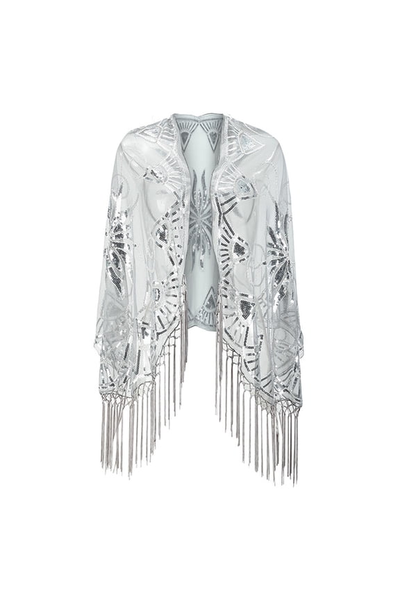 Women's 1920s Sequin Shawl with Tassels – Vintage Mesh Evening Wrap Cape for Flapper Dress, Gatsby Party, Prom, Wedding