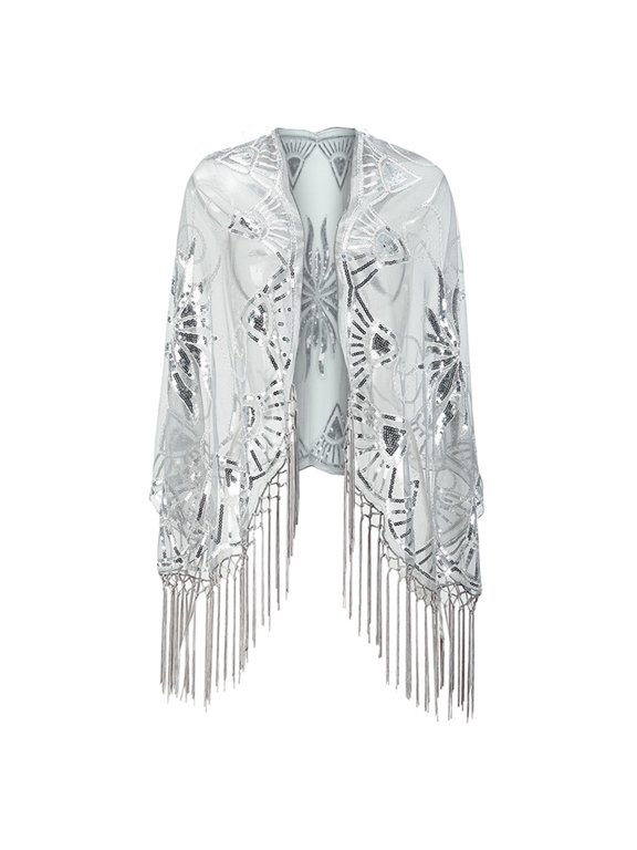 Women's 1920s Sequin Shawl with Tassels – Vintage Mesh Evening Wrap Cape for Flapper Dress, Gatsby Party, Prom, Wedding