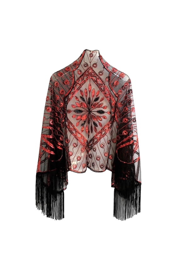 Women’s 1920s Sequin Shawl with Tassels – Vintage Mesh Wrap Cape for Gatsby Party, Evening Dress