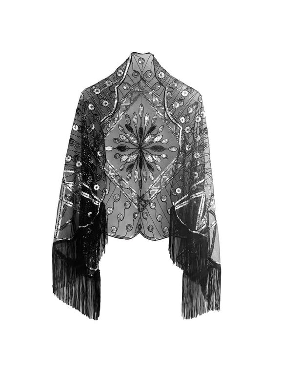 Women’s 1920s Sequin Shawl with Tassels – Vintage Mesh Wrap Cape for Gatsby Party, Evening Dress