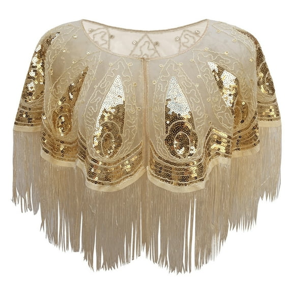 Women's 1920s Sequin Tassel Shawl – Retro Mesh Evening Cape Wrap for Gatsby Party, Prom, Wedding, Cocktail Dress
