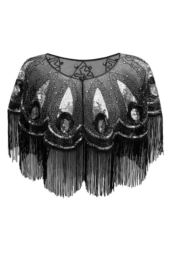 Women's 1920s Sequin Tassel Shawl – Retro Mesh Evening Cape Wrap for Gatsby Party, Prom, Wedding, Cocktail Dress