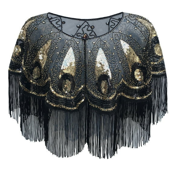 Women's 1920s Sequin Tassel Shawl – Retro Mesh Evening Cape Wrap for Gatsby Party, Prom, Wedding, Cocktail Dress