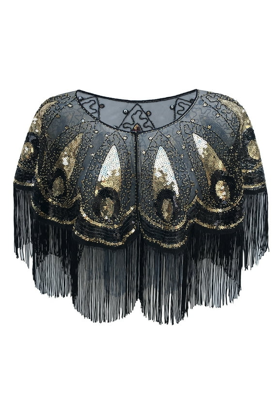 Women's 1920s Sequin Tassel Shawl – Retro Mesh Evening Cape Wrap for Gatsby Party, Prom, Wedding, Cocktail Dress