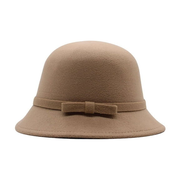 Women's 1920s Style Cloche Hat - Faux Wool Crushable Winter Hat with Bow Detail,Khaki,One Size,Dailypoc