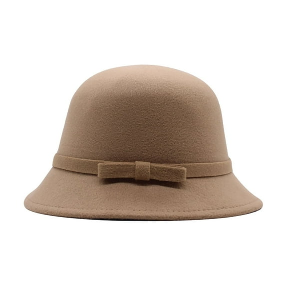 Women's 1920s Style Cloche Hat - Faux Wool Crushable Winter Hat with Bow Detail,Khaki,One Size,Dailypoc