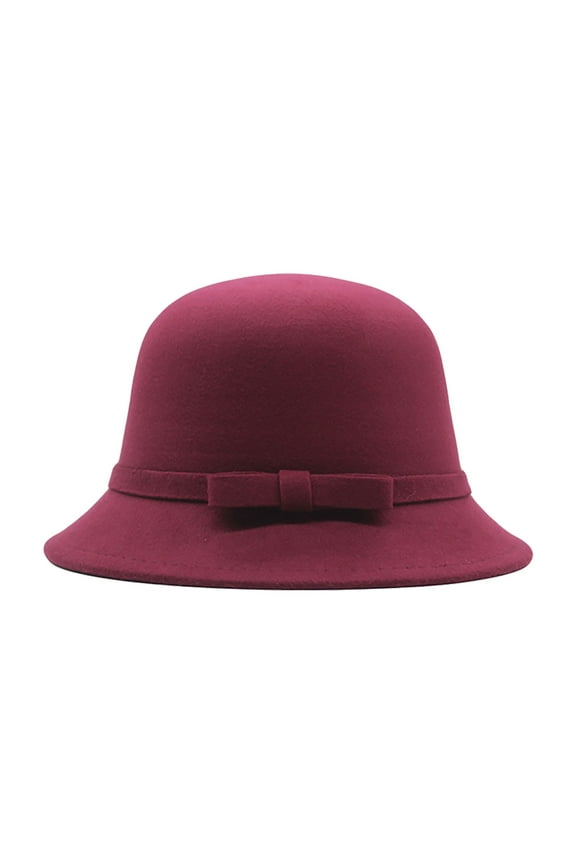 Women's 1920s Style Cloche Hat - Faux Wool Crushable Winter Hat with Bow Detail,Wine,One Size,Dailypoc