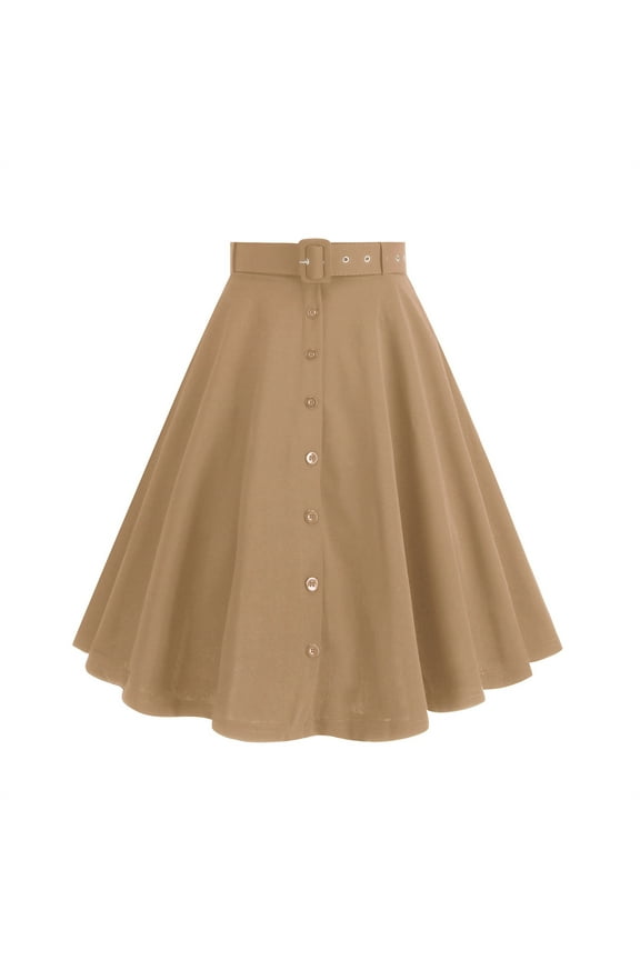 Women's 1950s Half Skirt Vintage Rockabilly Skirts A-Line Swing Cocktail Party Skirts Plain Button Retro Swing Flowy Pleated Dance Gown Skirt with Belted