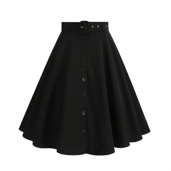 Women's 1950s Half Skirt Vintage Rockabilly Skirts A-Line Swing Cocktail Party Skirts Plain Button Retro Swing Flowy Pleated Dance Gown Skirt with Belted