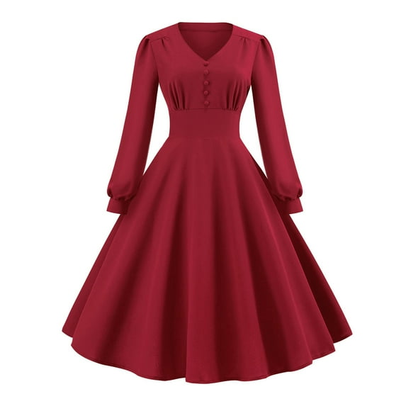 Women's 1950s Retro Cocktail Dress V Neck Button Long Sleeve Swing Dress Vintage High Waist A Line Midi Prom Dress
