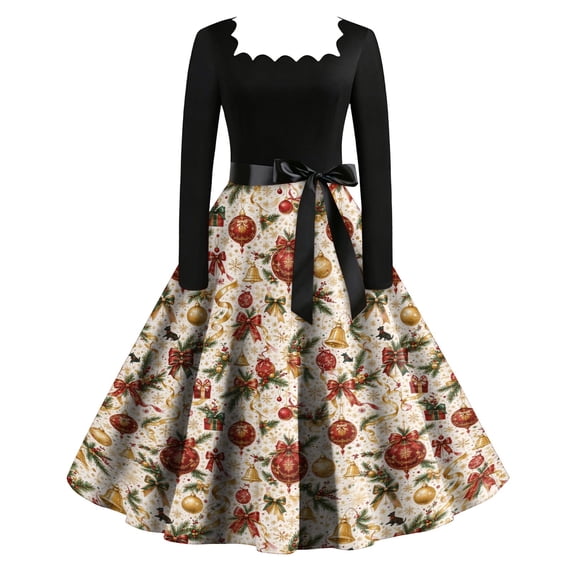 Red Tree Dress Women's 1950s Retro Hepburn Style Swing Dress, Long Sleeve V Neck Xmas ...