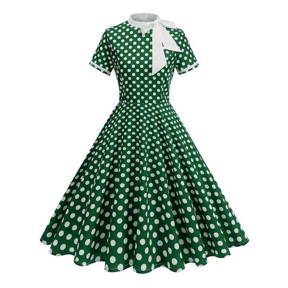 Women's 1950s Retro Style Dresses Vintage Short Sleeve Tie Neck Swing Dress Midi Prom Dress with Belt, Guest Dresses for Women(Green,XXL)