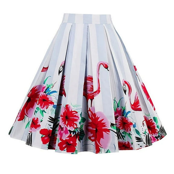 Women's 1950s Retro Vintage Flamingo Floral Embossed A-Line Knee Length Pleated High Rise Midi Swing Skirt XL