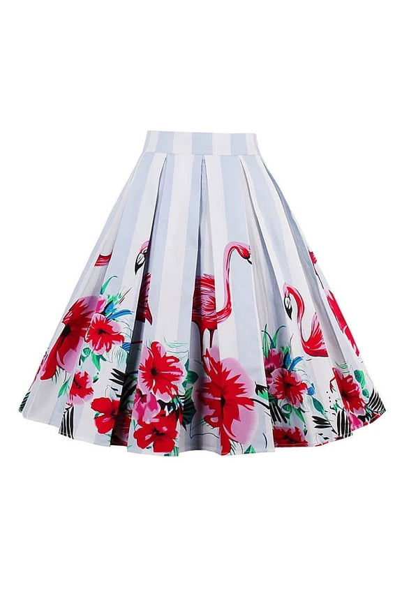 Women's 1950s Retro Vintage Flamingo Floral Embossed A-Line Knee Length Pleated High Rise Midi Swing Skirt XL