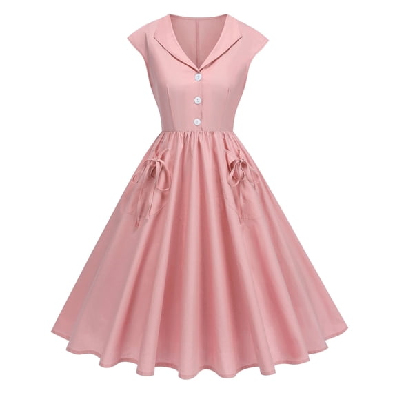 Women's 1950s Vintage Dress Cap Sleeve Button Collared Midi Dress with Pockets Flowy Casual Cocktail Dresses L