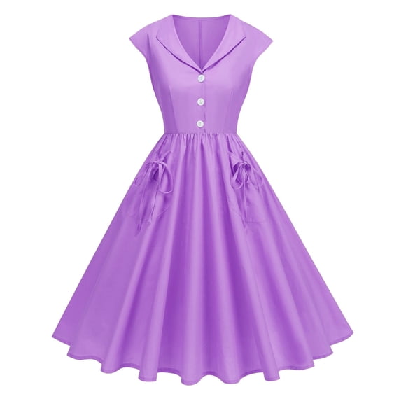 Women's 1950s Vintage Dress Cap Sleeve Button Collared Midi Dress with Pockets Flowy Casual Cocktail Dresses Purple L