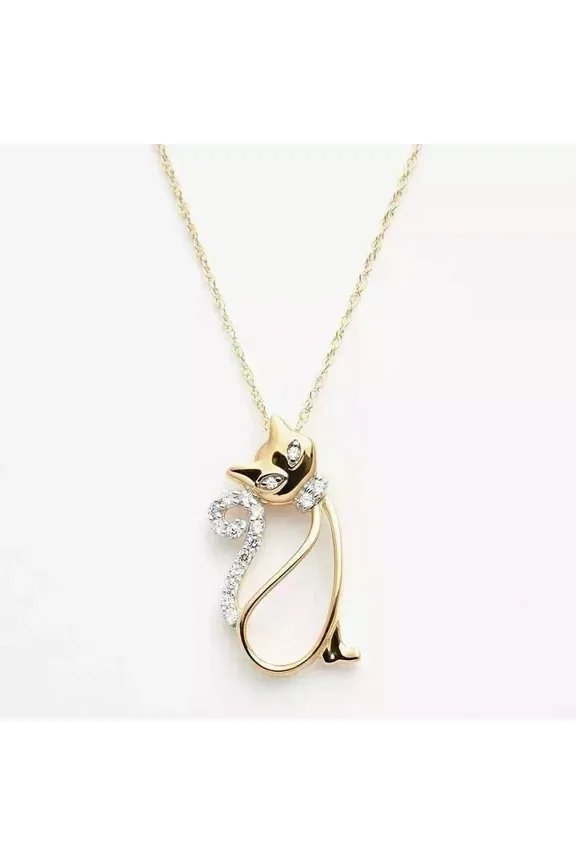 Women's 1Ct Round Cut Lab Created Diamond Cat Pendant Necklace 14K Yellow Gold Plated