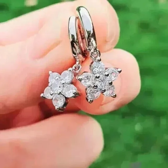 Women's 2.00Ct Round Cut Lab Created Diamond Flower Drop Dangle Earrings in 14K White Gold Plated